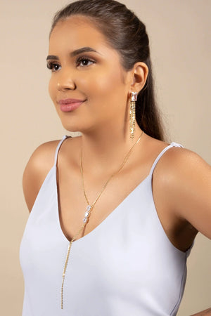 Brinco Retangular Cristal Franja com Plaquinhas Achatadas Banhado a Ouro 18K