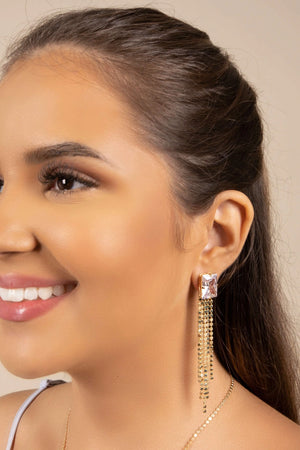 Brinco Retangular Cristal Franja com Plaquinhas Achatadas Banhado a Ouro 18K