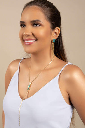 Brinco Retangular Turmalina Franja com Plaquinhas Achatadas Banhado a Ouro 18K