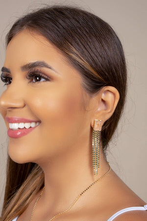 Brinco Retangular Morganita Franja com Plaquinhas Achatadas Banhado a Ouro 18K