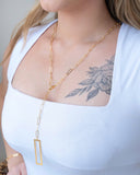 Gargantilha Longa Elos Pingente Retangular Vazado Banhado a Ouro 18K