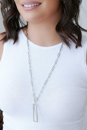 Gargantilha Longa Elos Pingente Retangular Vazado Ródio Branco