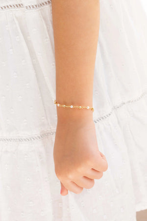 Pulseira Infantil Pérola e Bolinhas Banhado a Ouro 18K