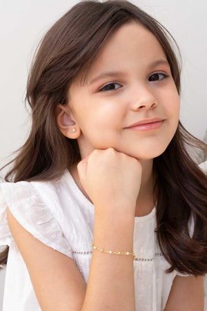 Pulseira Infantil Pérola e Bolinhas Banhado a Ouro 18K