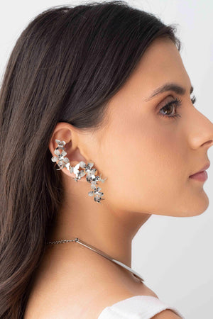 Ear Cuff Flores e Borboletas Ródio Branco