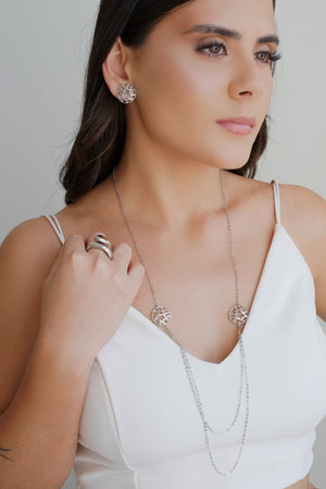 Gargantilha Longa Elos Americanos Redondo Entrelaçado Ródio Branco