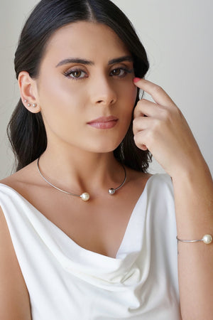 Bracelete Bola Lisa e Pérola Ródio Branco