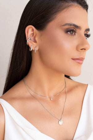 Brinco Argola Click Retangular Cravejada Cristal 1.4 cm Ródio Branco