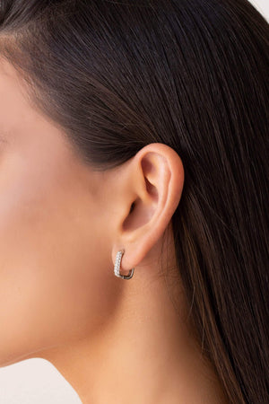 Brinco Argola Click Retangular Cravejada Cristal 1.4 cm Ródio Branco