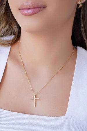 Gargantilha Veneziana Bolinhas Cruz Cravejada Cristal Banhado a Ouro 18K - 45 cm