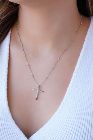 Gargantilha Veneziana Bolinhas Cruz Cravejada Cristal Ródio Branco - 45 cm