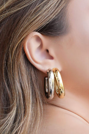 Brinco Argola Oval Tubo Liso ABS 3.8 cm Banhado a Ouro 18K