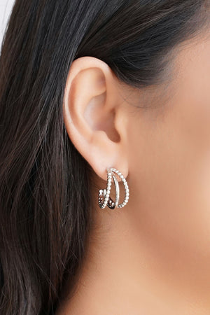 Brinco Meia Argola Três Filetes com Bolinhas Ródio Branco