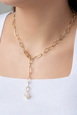 Gargantilha Gravata Elos Ovais Cubo Ponto de Luz Cristal Banhado a Ouro 18K - 45 cm