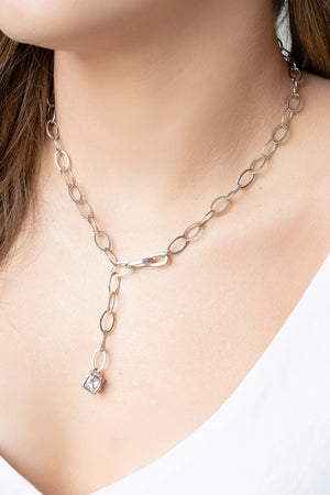 Gargantilha Gravata Ajustável Elos Ovais Cubo Ponto de Luz Cristal Ródio Branco - 45 cm