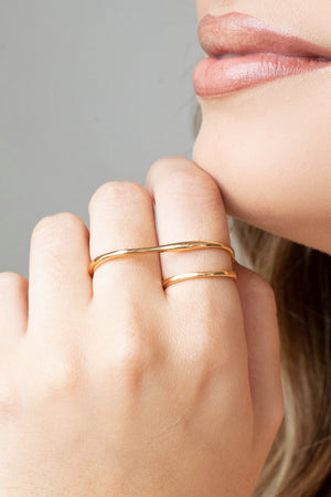 Anel Duplo Filetes Tamanho 16 Banhado a Ouro 18K