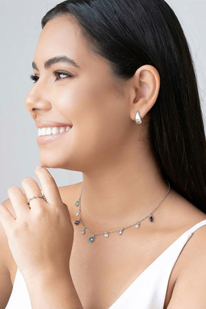 Choker Elos Gotas Coloridas e Pontos de Luz Cristal Ródio Branco