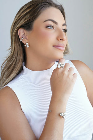 Bracelete Liso Bolas Pérola Ródio Branco