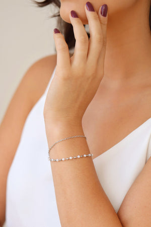 Pulseira Dupla Elos Pérolas Ródio Branco