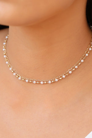 Gargantilha Dupla Elos Pérolas Banhado a Ouro 18K