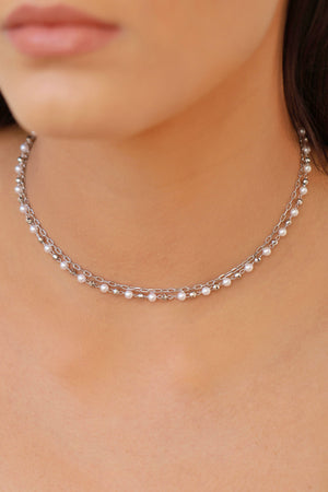 Gargantilha Dupla Elos Pérolas Ródio Branco