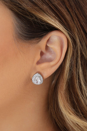 Brinco Gota Cravejado Cristal 1.5 cm Ródio Branco