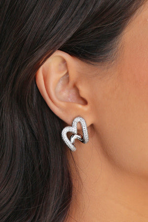 Brinco Argola Coração Vazado Cravejado Cristal 2.2 cm Ródio Branco