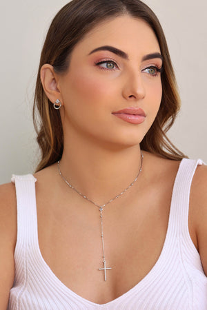 Gargantilha Gravata Bolinhas Cruz Cravejado Cristal Ródio Branco - 45 cm