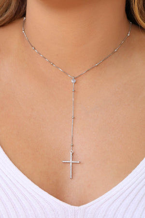 Gargantilha Gravata Bolinhas Cruz Cravejado Cristal Ródio Branco - 45 cm