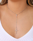 Gargantilha Gravata Bolinhas Cruz Cravejado Cristal Ródio Branco - 45 cm