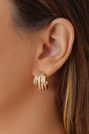 Brinco Argola Filetes Lisos e Cravejados Cristal 1.9 cm Banhado a Ouro 18K