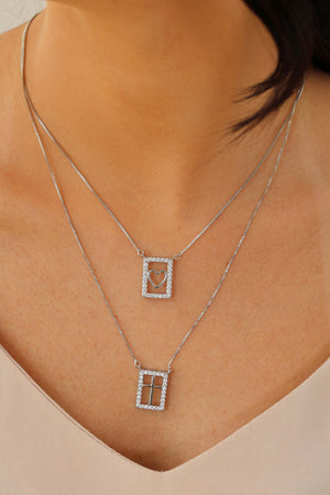 Gargantilha Dupla Cruz Coração Cravejado Cristal Ródio Branco