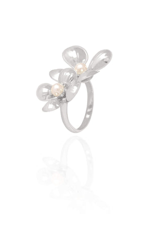 Anel Ajustável Flor Pérola Tamanho G Ródio Branco