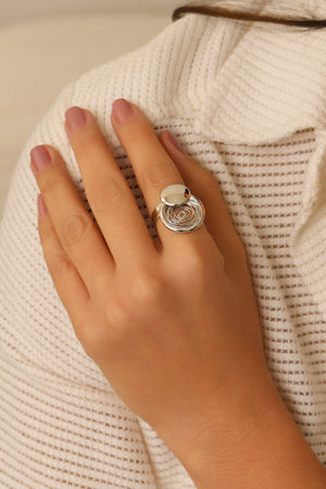 Anel Ajustável Redondo Liso e Espiral Tamanho M Ródio Branco