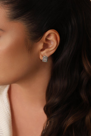 Brinco Retangular Detalhado Cristal Ródio Branco