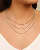 Gargantilha Tripla Elos Portugueses e Ovais Ródio Branco