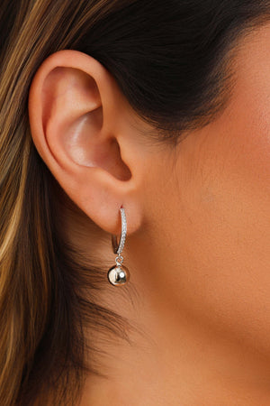 Brinco Argola Click Bola Lisa Cravejado Cristal 2.7 cm Ródio Branco