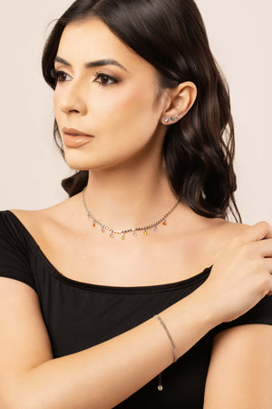 Choker Plaquinhas Pontos de Luz Coloridos Ródio Branco