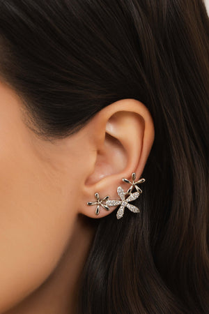 Ear Cuff Flores Cravejado Cristal 2.9 cm Ródio Branco