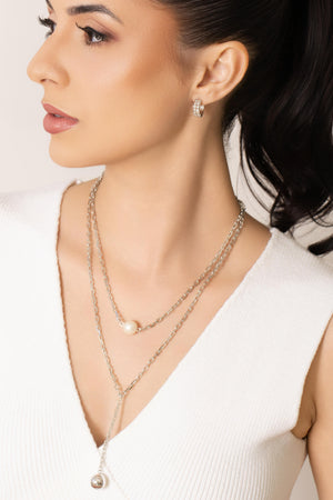 Gargantilha Gravata Dupla Elos Bola e Pérola Ródio Branco