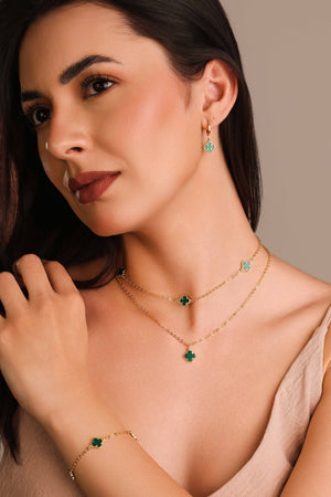 Pulseira Elos Trevos Tom Esmeralda Banhado a Ouro 18K