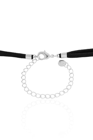 Gargantilha Gravata Dupla Camurça Preta Retângulos Ródio Branco - 30 cm