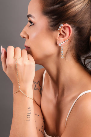 Ear Cuff Franja Pontos de Luz Cristal Banhado a Ouro 18K