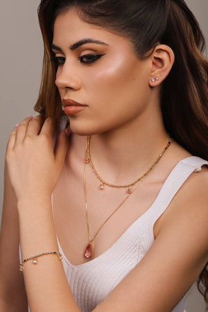 Brinco Ponto de Luz Gota Safira Rosa 5 mm Banhado a Ouro 18K