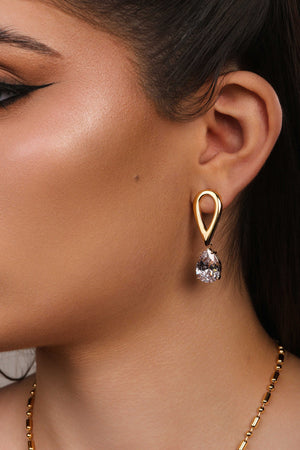 Brinco Gota Dupla Vazado Cristal Banhado a Ouro 18K