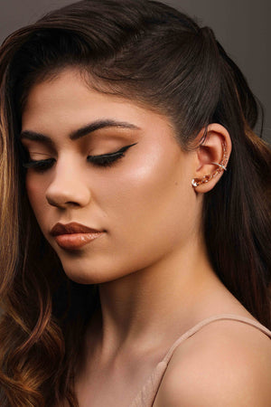 Ear Cuff Pontos de Luz Ovais Morganita Cravejado Cristal Banhado a Ouro 18K