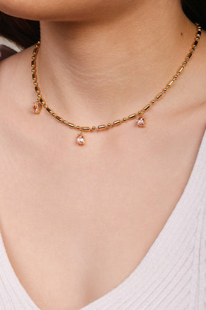 Gargantilha Gomos Gotas Safira Rosa Banhado a Ouro 18K - 40 cm