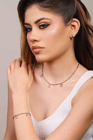 Gargantilha Gomos Gotas Safira Rosa Ródio Branco - 40 cm