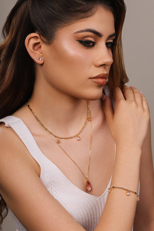 Gargantilha Longa Gota Safira Rosa 2.6 cm Banhado a Ouro 18K - 60 cm