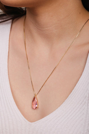 Gargantilha Longa Gota Safira Rosa 2.6 cm Banhado a Ouro 18K - 60 cm